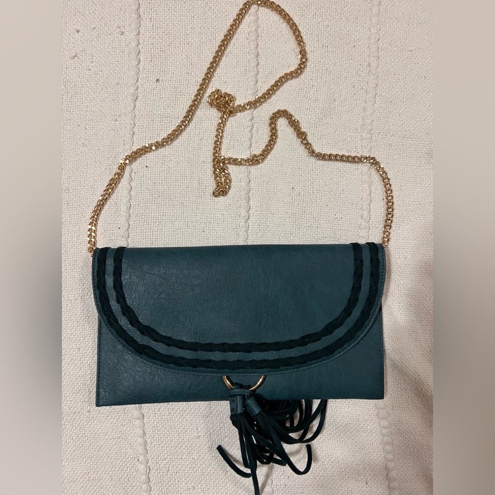 Sweet little clutch or purse on chain. Teal leather/suede mixed textures